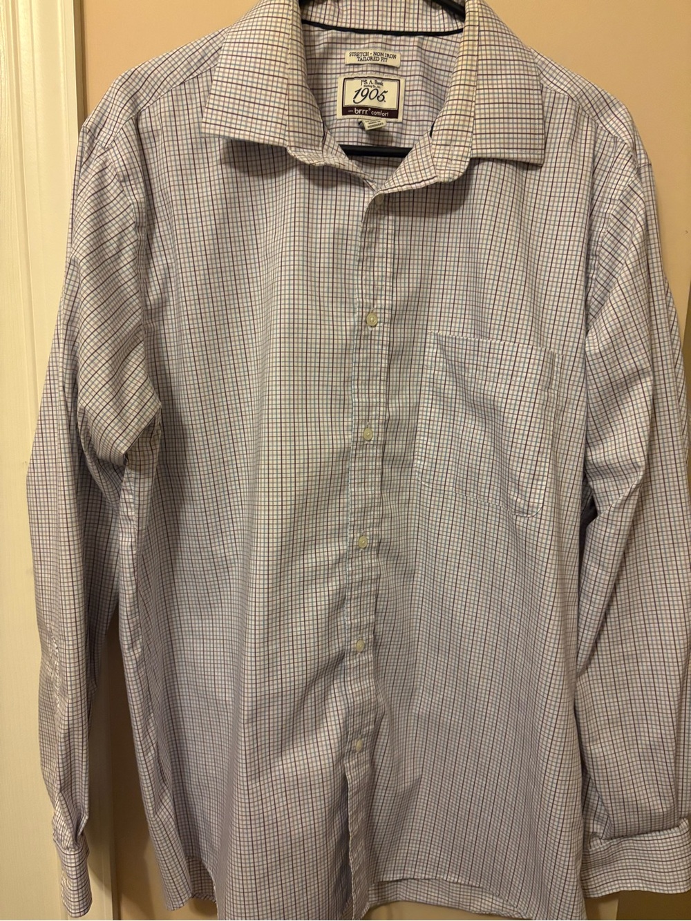 Jos. A. Bank Men’s White and Light Blue, Brown Checked Dress Shirt